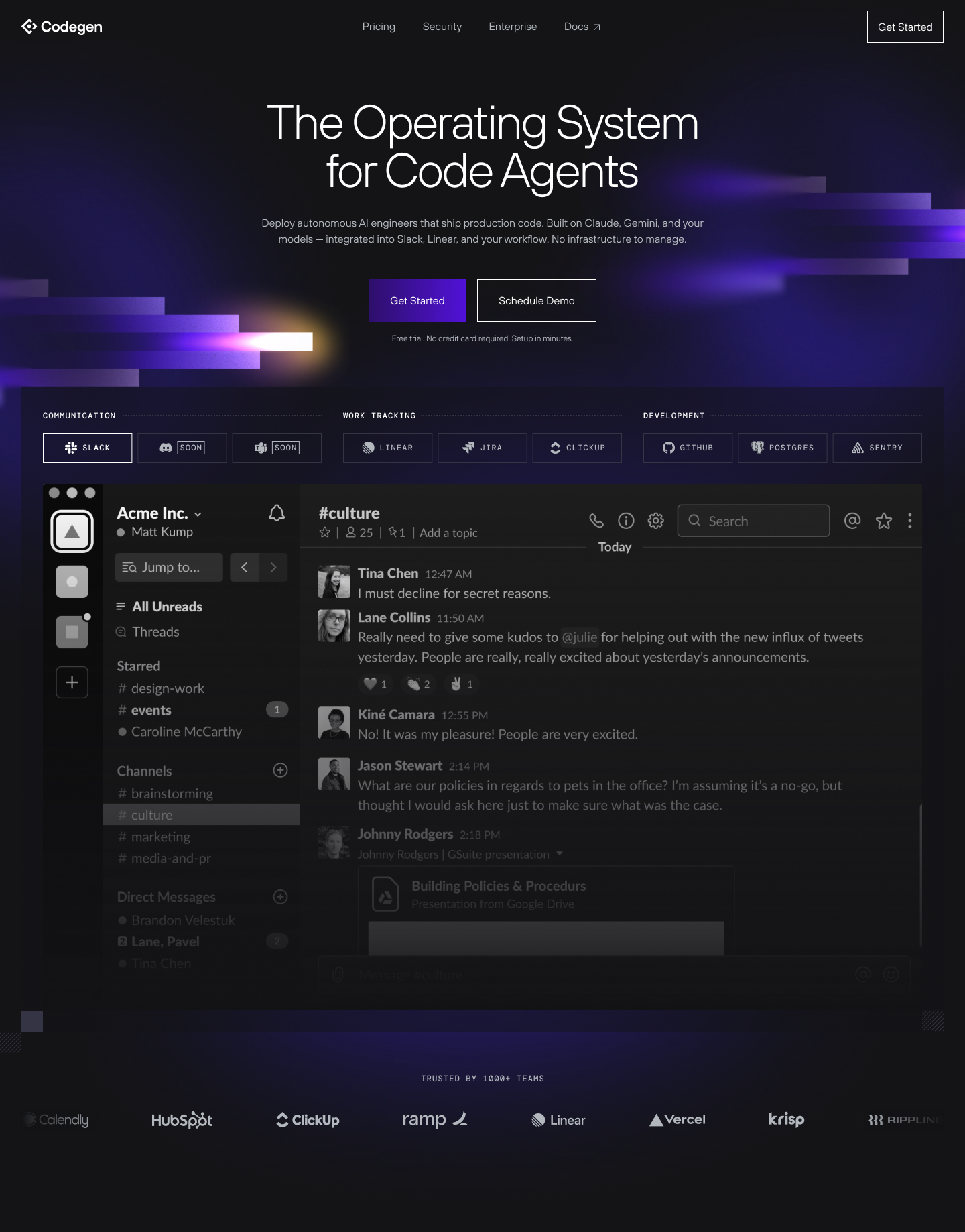 Codegen's homepage - the headline 'The Operating System for Code Agents' over a gradient hero with an embedded product UI.